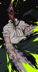 Rule 34 | 1boy, alternate form, belt, chainsaw, chainsaw man, denji (chainsaw man), green pants, highres, hwm4to7a3ifrhpr, necktie, pants, sharp teeth, shirt, sleeves rolled up, solo, teeth, unusual blood color, white shirt