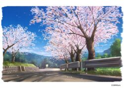 Rule 34 | absurdres, blue sky, cherry blossoms, cloud, cloudy sky, forest, grass, highres, mountain, mountainous horizon, nature, no humans, original, path, road, scenery, sign, sky, sunrise arte, tree