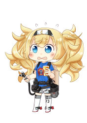 Rule 34 | 1girl, alcohol, alternate costume, beer, beer keg, beer tap, blonde hair, blue eyes, blue shirt, boots, enemy lifebuoy (kancolle), gambier bay (kancolle), hair between eyes, hairband, hinata yuu, kantai collection, rudder, shirt, short sleeves, shorts, solo, t-shirt, thigh boots, thighhighs, twintails, wavy mouth
