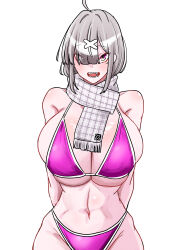 Rule 34 | 1girl, absurdres, ahoge, arms behind back, bare shoulders, blush, breasts, collarbone, eyes visible through hair, facing viewer, fangs, frim 02, grey hair, hair between eyes, hair ornament, hair over one eye, highleg, highleg swimsuit, highres, large breasts, long hair, looking at viewer, mole, mole under eye, multicolored clothes, multicolored swimsuit, nijisanji, open mouth, purple eyes, smile, solo, straight-on, sukoya kana, swimsuit, teeth, thighs, toned, two-tone swimsuit, virtual youtuber, x hair ornament