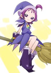 Rule 34 | 1girl, boots, broom, broom riding, closed mouth, commentary request, dress, earrings, full body, gloves, hat, high heels, jewelry, looking at viewer, magical girl, ojamajo doremi, one side up, pointy footwear, purple dress, purple eyes, purple footwear, purple gloves, purple hair, purple hat, segawa onpu, short hair, sitting, smile, solo, tsukikage oyama, witch hat