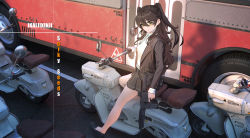 Rule 34 | 1girl, absurdres, arm at side, black footwear, black hair, black jacket, black skirt, blazer, bus, collared shirt, crack, cracked floor, day, finger on trigger, from above, from side, green eyes, gun, highres, holding, holding gun, holding weapon, jacket, loafers, long hair, long sleeves, looking at viewer, looking to the side, miniskirt, motor vehicle, motorcycle, original, outdoors, pleated skirt, rifle, road, school uniform, shadow, shirt, shoes, sitting, skirt, smile, solo, street, sweater, two side up, weapon, white shirt, yellow eyes, yigali xinji