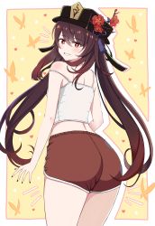 Rule 34 | 1girl, absurdres, alternate costume, artist request, ass, bare shoulders, black nails, blush, breasts, brown hair, come hither, from behind, genshin impact, grin, hat, hat ornament, highres, hu tao (genshin impact), long hair, looking at viewer, nail polish, red eyes, short shorts, shorts, sideboob, small breasts, smile, solo, twintails, very long hair