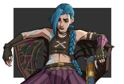 Rule 34 | 1girl, absurdres, arcane: league of legends, arcane jinx, arm tattoo, asymmetrical gloves, belt, blue hair, braid, cloud tattoo, commentary, crop top, english commentary, fingerless gloves, frown, gloves, gun, hair over shoulder, highres, holding, holding gun, holding weapon, jinx (league of legends), kyle guilbault, league of legends, lips, long hair, navel, purple eyes, sitting, solo, stomach tattoo, tattoo, thick eyebrows, trigger discipline, very long hair, weapon
