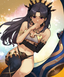 Rule 34 | 1girl, armlet, asymmetrical legwear, asymmetrical sleeves, black panties, bra, breasts, cleavage, commentary request, covering own mouth, crown, earrings, elbow gloves, fate/grand order, fate (series), gloves, hand on own chin, hand on own hip, hand over own mouth, head tilt, heavenly boat maanna, highleg, highleg panties, hoop earrings, invisible chair, ishtar (fate), jewelry, legs, lingerie, long hair, long legs, looking at viewer, medium breasts, mismatched underwear, navel, neck ring, panties, parted bangs, single elbow glove, single thighhigh, sitting, skindentation, solo, star (symbol), starry background, strapless, strapless bra, sungwon, thighhighs, two side up, underwear, uneven legwear, uneven sleeves, white bra