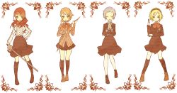 4girls aegis_(persona) ai-wa android atlus bad_id bad_pixiv_id blonde_hair blue_eyes bow bow_(weapon) brown_eyes brown_hair hair_over_one_eye highres kirijou_mitsuru multiple_girls persona persona_3 red_eyes red_hair ribbon school_uniform skirt smile socks takeba_yukari weapon yamagishi_fuuka