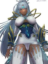 Rule 34 | 1girl, 2021, bare shoulders, blue eyes, breasts, cleavage cutout, closed mouth, clothing cutout, dark-skinned female, dark skin, dated, dress, forehead jewel, from below, grey hair, highres, large breasts, long hair, looking at viewer, panties, perun (xenoblade), ponytail, smile, solo, thighhighs, underboob, underwear, very long hair, white dress, white panties, white sleeves, white thighhighs, xenoblade chronicles (series), xenoblade chronicles 2, yamamori kinako