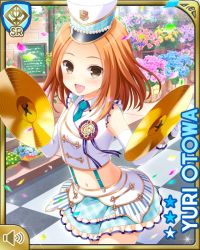 Rule 34 | 1girl, blue neckwear, brown eyes, card, character name, cymbals, elbow gloves, flower, frills, girlfriend (kari), gloves, hat, holding, instrument, long hair, marching band, midriff, official art, open mouth, orange hair, otowa yuri, outdoors, qp:flapper, road, skirt, smile, solo, stomach, street, subspenders, tagme, white skirt, white top