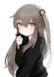 Rule 34 | 1girl, absurdres, bad id, bad pixiv id, black jacket, blush, brown eyes, brown hair, closed mouth, dokomon, fake facial hair, fake mustache, girls&#039; frontline, hair between eyes, hair ornament, hand up, highres, holding, holding mustache, jacket, long hair, long sleeves, looking at viewer, one side up, scar, scar across eye, scar on face, simple background, sleeves past wrists, solo, ump45 (girls&#039; frontline), upper body, very long hair, white background