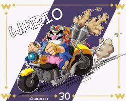 Rule 34 | 1boy, absurdres, andrew schlueter, blue footwear, blue shirt, brown hair, driving, exhaust pipe, facial hair, fingerless gloves, gloves, goggles, goggles on headwear, grin, helmet, highres, motor vehicle, motorcycle, motorcycle helmet, mustache, nintendo, on motorcycle, pants, pink pants, pointy ears, shirt, smile, super smash bros., thick eyebrows, wario, warioware
