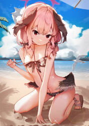 Rule 34 | 1girl, absurdres, ankle ribbon, beach, bikini, bird, black bikini, black bow, black wings, blue archive, bow, breasts, closed mouth, feathered wings, floral print, front-tie bikini top, front-tie top, hair bow, hair over shoulder, halo, head wings, highres, koharu (blue archive), koharu (swimsuit) (blue archive), leg ribbon, long hair, looking at viewer, low twintails, low wings, navel, ocean, official alternate costume, pink hair, print bikini, red eyes, red halo, ribbon, sandals, seiza, sitting, small breasts, solo, spaghetti strap, strap slip, swimsuit, tiptoes, toes, twintails, white ribbon, wings, xiamu xunxi