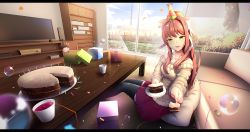 Rule 34 | 1girl, 3d background, absurdres, birthday, birthday cake, black thighhighs, box, brown hair, cake, cake slice, candle, commentary, commission, confetti, couch, day, doki doki literature club, doll, english commentary, food, gift, gift box, green eyes, hair ribbon, hat, highres, huge filesize, indoors, letterboxed, long hair, looking at viewer, monika (doki doki literature club), off-shoulder, off-shoulder sweater, off shoulder, outstretched arm, parted lips, party hat, pillow, pleated skirt, ponytail, ribbon, sitting, skirt, smile, soap bubbles, solo, sweater, table, thighhighs, tsukimaru, white ribbon, window