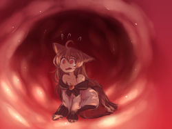 Rule 34 | 1girl, ahoge, animal ears, brown hair, female focus, imaizumi kagerou, inside creature, long hair, off shoulder, open mouth, stomach (organ), tail, touhou, utopia, vore