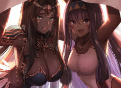 Rule 34 | animal ears, arm up, arm wrap, armlet, armor, armpits, bandaged arm, bandages, bare shoulders, black hair, blanket, blue armor, blunt bangs, blush, breastplate, breasts, chain, circlet, closed mouth, collarbone, competition swimsuit, dark-skinned female, dark skin, dolce (dolsuke), earrings, facepaint, facial mark, fate/grand order, fate (series), feathers, forehead jewel, green eyes, hair between eyes, hair tubes, hairband, hoop earrings, jackal ears, jewelry, large breasts, long hair, looking at viewer, low-tied long hair, md5 mismatch, necklace, nitocris (fate), nitocris (fate/grand order), nitocris (swimsuit assassin) (fate), nitocris (swimsuit assassin) (second ascension) (fate), one-piece swimsuit, open mouth, parted bangs, pauldrons, purple eyes, purple hair, resolution mismatch, scheherazade (fate), shoulder armor, sidelocks, smile, source larger, swimsuit, very long hair, white one-piece swimsuit