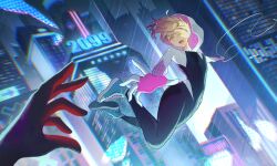 Rule 34 | 1boy, 1girl, absurdres, asymmetrical hair, blonde hair, bodysuit, city, colored tips, gwen stacy, highres, hood, hooded bodysuit, marvel, midair, multicolored hair, night, outstretched arm, pov, rain, shoes, sidecut, silk, sneakers, spider-gwen, spider-man: across the spider-verse, spider-man (miles morales), spider-man (series), spider-verse, spider web, spider web print, symbiote, undercut, user fnja8843