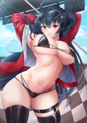 Rule 34 | 1girl, absurdres, armpits, arms behind head, arms up, azur lane, bikini, black bikini, black hair, black thighhighs, blue sky, blush, breasts, checkered flag, cleavage, eyewear on head, flag, highres, jacket, kuro (blackpgmickey), large breasts, long hair, long sleeves, looking at viewer, multi-strapped bikini bottom, multi-strapped bikini top, navel, one side up, open clothes, open jacket, red eyes, red jacket, sky, smile, sunglasses, swimsuit, taihou (azur lane), taihou (enraptured companion) (azur lane), thigh strap, thighhighs, thighs