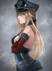Rule 34 | 10s, 1girl, anchor choker, armlet, artist name, artist request, bare back, bare shoulders, bismarck (kancolle), black dress, blonde hair, blue eyes, breasts, brown gloves, closed mouth, collar, commentary request, cowboy shot, crossed arms, dated, dress, elbow gloves, eyelashes, from side, gloves, gorget, haduki tohru, hair between eyes, hat, highres, kantai collection, long hair, looking at viewer, medium breasts, microdress, military, military uniform, peaked cap, pocket, shirt, sleeveless, sleeveless dress, smile, solo, standing, uniform
