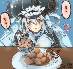Rule 34 | !, 10s, 2girls, ?, abyssal ship, akagi (kancolle), alien, bauxite, bodysuit, brown hair, crossover, downtown no gaki no tsukai ya arahende!!, eating, english text, food, food on face, fork, gloves, japanese clothes, kantai collection, long hair, looking at viewer, mini person, minigirl, multiple girls, personification, serino itsuki, silver hair, spoken exclamation mark, translation request, white s, wo-class aircraft carrier