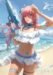 Rule 34 | 1girl, absurdres, bad id, bad pixiv id, bare shoulders, bikini, bikini skirt, blue sky, breasts, cleavage, cloud, collarbone, commentary request, cowboy shot, day, hair between eyes, highres, huion, looking at viewer, midriff, minttchocok, navel, outdoors, parted lips, sidelocks, sky, smile, solo, standing, stomach tattoo, swimsuit, tattoo, thigh strap, white bikini