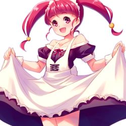 Rule 34 | 1girl, :d, apron, apron hold, black shirt, black skirt, blunt bangs, collarbone, cowboy shot, flat chest, highres, hoshina hikaru, long hair, maid apron, medium skirt, off-shoulder shirt, off shoulder, open mouth, precure, red eyes, red hair, sayousuke, shirt, short sleeves, simple background, skirt, smile, solo, standing, star twinkle precure, twintails, white apron, white background, wrist cuffs