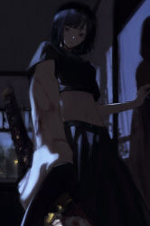 Rule 34 | 1girl, 7ife, absurdres, black eyes, black hair, black pants, blood, blood on arm, bloody weapon, crop top, highres, holding, holding sword, holding weapon, indoors, katana, looking at viewer, midriff, navel, original, pants, pov, shirt, short hair, solo, stab, standing, stomach, sword, weapon