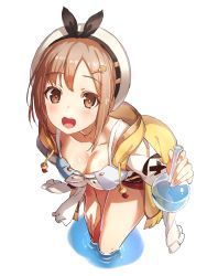 Rule 34 | 1girl, :d, atelier (series), atelier ryza, atelier ryza 1, bent over, breasts, brown eyes, brown hair, cleavage, collarbone, commentary request, flask, from above, green322, hair ornament, hairclip, hat, highres, looking at viewer, medium breasts, open mouth, red shorts, reisalin stout, revision, short hair, short shorts, shorts, simple background, smile, solo, standing, wading, water, white background, white hat