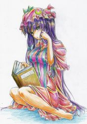 Rule 34 | 1girl, bad id, bad pixiv id, bare legs, barefoot, book, bow, colored pencil (medium), female focus, flower, hair bow, hair flower, hair ornament, hat, highres, kitazinger, long hair, open book, patchouli knowledge, purple eyes, reading, solo, toe scrunch, toes, touhou, traditional media, very long hair, yellow eyes