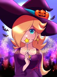 Rule 34 | 1girl, bat (animal), blonde hair, blue eyes, brooch, collarbone, covering own mouth, dress, earrings, hair over one eye, halloween, halloween costume, hat, highres, jack-o&#039;-lantern hat ornament, jewelry, long hair, looking at viewer, mario (series), mario kart, mario kart tour, nintendo, nonoworks, official alternate costume, purple dress, purple hat, rosalina, signature, single earring, solo, star (symbol), star earrings, upper body, witch hat