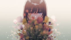 Rule 34 | 1girl, blue eyes, blurry, blurry background, bouquet, choker, dress, flower, frilled dress, frills, heterochromia, highres, holding, holding bouquet, incoming gift, long hair, looking at viewer, mole, mole under eye, necojishi, original, red eyes, ribbon choker, solo