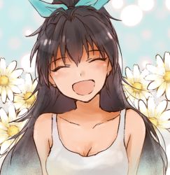 Rule 34 | 1girl, :d, ^ ^, akihiro, bad id, bad pixiv id, black hair, camisole, closed eyes, closed eyes, floral background, flower, ganaha hibiki, hair ribbon, idolmaster, idolmaster (classic), long hair, open mouth, ponytail, portrait, ribbon, smile, solo, very long hair, wide ponytail