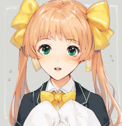 Rule 34 | 1girl, 8 beat story, blush, bow, brown hair, character request, ekao, green eyes, grey background, hair bow, long hair, open mouth, school uniform, smile, solo, sweat, sweatdrop, twintails