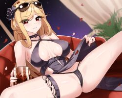 Rule 34 | 1girl, absurdres, black choker, black dress, black panties, blonde hair, blush, breasts, breasts apart, choker, clothes lift, commission, couch, cup, dated commentary, dress, drink, eyebrows hidden by hair, eyewear on head, flower, girls&#039; frontline, hair flower, hair ornament, highres, holding, holding cup, ice, ice cube, long hair, looking at viewer, m2hb (girls&#039; frontline), nabiyan, official alternate costume, on couch, orange eyes, panties, parted lips, petals, sitting, skindentation, skirt, skirt lift, smile, solo, spread legs, string panties, sunglasses, sweat, underwear