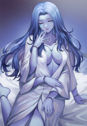 Rule 34 | 1girl, absurdres, alternate breast size, bathrobe, bed sheet, blue background, blue eyes, blue hair, blue skin, breasts, cleavage, collarbone, colored skin, cracked skin, elden ring, finger to mouth, forehead, gradient background, highres, jewelry, kacyu, large breasts, light particles, long hair, long sleeves, looking at viewer, no bra, on bed, one eye closed, parted lips, ranni the witch, ring, sitting, smile, solo, spoilers, tattoo, wristband, yokozuwari