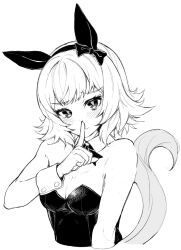 Rule 34 | 1girl, alternate costume, animal ears, bare shoulders, blush, bow, bowtie, breasts, cleavage, closed mouth, curren chan (umamusume), detached collar, finger to mouth, greyscale, hairband, hand up, highres, horse ears, horse girl, horse tail, leotard, looking at viewer, monochrome, shiro3necro, short hair, shushing, small breasts, solo, tail, umamusume, upper body, wrist cuffs