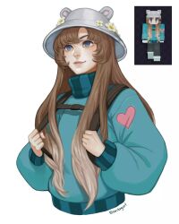 Rule 34 | 1girl, animal ear headwear, animal ears, ben tang, blue eyes, brown hair, bucket hat, commentary, commission, english commentary, fake animal ears, flower, gradient hair, grey hat, hat, hat flower, heart, highres, instagram username, long hair, looking up, minecraft, multicolored hair, reference inset, simple background, smile, solo, sweater, turtleneck, turtleneck sweater, very long hair, white background, yellow flower