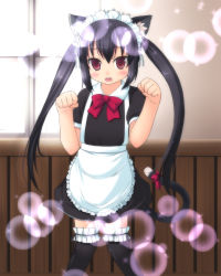 Rule 34 | 00s, 1girl, alternate costume, amamiya minato, animal ears, bad id, bad pixiv id, black hair, blush, bubble, cat ears, cat tail, enmaided, flat chest, frilled thighhighs, frills, highres, k-on!, long hair, maid, maid headdress, nakano azusa, paw pose, red eyes, sidelocks, solo, sparkle, tail, thighhighs, twintails, zettai ryouiki