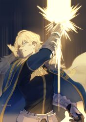 Rule 34 | 1boy, armor, black background, black gloves, black shirt, blonde hair, blue cape, blue eyes, cape, closed mouth, cowboy shot, excalibur galatine (fate), fate/grand order, fate (series), faulds, fur-trimmed cape, fur trim, gauntlets, gawain (fate), gloves, glowing, glowing sword, glowing weapon, gold trim, hair between eyes, hand up, highres, holding, holding sword, holding weapon, looking to the side, male focus, pectorals, serious, shirt, short hair, solo, standing, sword, weapon, wuren daoshang dekezong