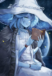 Rule 34 | 1girl, absurdres, blue eyes, blue hair, blue skin, book, cloak, closed mouth, colored skin, cracked skin, dress, elden ring, extra arms, extra faces, fur cloak, hat, hat ornament, highres, jewelry, joints, long hair, looking at viewer, moon, nitouchesiji, one eye closed, ranni the witch, smile, solo, wavy hair, witch, witch hat