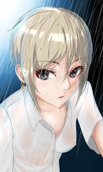 Rule 34 | 1girl, absurdres, blue eyes, collarbone, collared shirt, covered erect nipples, dress shirt, earrings, hair between eyes, highres, idolmaster, idolmaster cinderella girls, jewelry, looking at viewer, no bra, parted lips, rain, see-through, shiomi syuko, shirt, short hair, short sleeves, silver hair, solo, t.r, upper body, wet, wet clothes, wet shirt, white shirt, wing collar