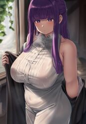 Rule 34 | 1girl, :o, armpit crease, bare shoulders, black robe, blunt bangs, blush, breasts, breath, commentary, covered navel, dress, fern (sousou no frieren), half updo, highres, indoors, large breasts, long hair, looking ahead, moisture (chichi), purple eyes, purple hair, robe, sidelocks, sleeveless, sleeveless dress, solo, sousou no frieren, undressing, very long hair, water drop, wet, wet clothes, wet dress, wet hair, white dress