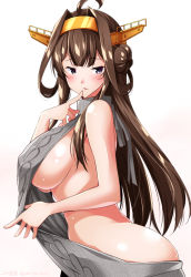 Rule 34 | 10s, 1girl, ahoge, ass, backless dress, backless outfit, blush, breasts, brown hair, clothes pull, come hither, double bun, dress, dress pull, finger to mouth, grey sweater, hair bun, halterneck, headgear, kantai collection, kongou (kancolle), kongou kai ni (kancolle), large breasts, long hair, looking at viewer, meme attire, parted lips, purple eyes, sideboob, simple background, solo, sweater, turtleneck, turtleneck sweater, virgin killer sweater, white background, yuuki hb