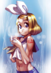 Rule 34 | 1girl, blonde hair, blue eyes, blue sailor collar, blue shorts, bow, closed mouth, commentary request, crop top, cup, fingernails, hair bow, hair ornament, hairclip, hands up, highres, holding, holding cup, kagamine rin, looking at viewer, midriff, nail polish, navel, neckerchief, sailor collar, shirt, short hair, shorts, sleeveless, sleeveless shirt, smile, solo, soon (c-u-soon), steam, stomach, swept bangs, vocaloid, white bow, white nails, white shirt, yellow neckerchief