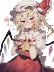 Rule 34 | 1girl, ascot, back bow, blonde hair, blurry, blush, bow, breasts, cowboy shot, crystal, depth of field, flandre scarlet, frilled shirt collar, frills, hair between eyes, hands up, heart, highres, light frown, looking at viewer, medium hair, one side up, pointy ears, red eyes, red skirt, red vest, simple background, skirt, skirt set, slit pupils, small breasts, solo, touhou, user xcxk5742, vest, white background, wings, yellow ascot