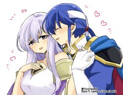 Rule 34 | 1boy, 1girl, bare shoulders, blue cape, breasts, brother and sister, cape, circlet, closed eyes, dress, fire emblem, fire emblem: genealogy of the holy war, headband, holding, holding hands, implied incest, incest, julia (fire emblem), long hair, medium breasts, nintendo, open mouth, ponytail, purple eyes, purple hair, seliph (fire emblem), siblings, simple background, white headband, yukia (firstaid0)