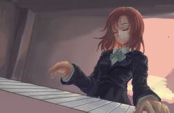 Rule 34 | 10s, 1girl, blazer, closed eyes, freeze-ex, instrument, keyboard (instrument), love live!, love live! school idol project, nishikino maki, red hair, short hair, smile, solo, sunset, unfinished