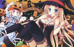 Rule 34 | 2girls, :&lt;, :3, :p, avril (shukufuku no campanella), black panties, black thighhighs, blonde hair, blue eyes, breasts, carina verritti, cleavage, dress, earrings, ghost, halloween, hat, highres, jack-o&#039;-lantern, jack-o&#039;-lantern earrings, jewelry, ko~cha, lantern, legs, medium breasts, multiple girls, object on head, panties, pumpkin, pumpkin hat, red eyes, shukufuku no campanella, side-tie panties, sitting, thighhighs, tongue, tongue out, trick or treat, underwear, witch hat