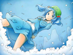 Rule 34 | 1girl, arms behind back, bad id, bad pixiv id, blue eyes, blue hair, bubble, contllenge, dutch angle, female focus, hair bobbles, hair ornament, hat, kawashiro nitori, key, matching hair/eyes, short hair, smile, solo, touhou, two side up, underwater