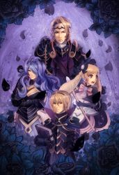 Rule 34 | 2boys, 2girls, :o, arm behind back, armor, black armor, black bow, black flower, black rose, blonde hair, book, bow, breasts, brother and sister, brothers, bustier, camilla (fire emblem), capelet, collar, crown, dress, earrings, elise (fire emblem), family, fire emblem, fire emblem fates, flower, gloves, hair ornament, hairband, hand in own hair, holding, holding book, holding staff, holding sword, holding weapon, jewelry, large breasts, leo (fire emblem), long hair, looking at viewer, looking to the side, multicolored hair, multiple boys, multiple girls, nintendo, open mouth, petals, pink bow, purple background, purple eyes, purple hair, red eyes, rose, serious, short hair, shoulder pads, siblings, siegfried (sword), smile, smirk, spacesmilodon, staff, sword, tiara, twintails, two-tone hair, vambraces, very long hair, wavy hair, weapon, white flower, white rose, xander (fire emblem)