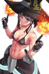 Rule 34 | 1girl, abs, absurdres, bare shoulders, bikini, bikini top only, black bikini, black gloves, black hair, black hat, black skirt, blush, breasts, cleavage, closed mouth, collarbone, cowboy shot, en&#039;en no shouboutai, fire, fireball, gloves, groin, hat, highres, index fingers raised, long skirt, looking at viewer, maki oze, medium breasts, metal gloves, midriff, muscular, muscular female, navel, obliques, ponytail, purple eyes, sidelocks, simple background, skirt, smile, solo, standing, swimsuit, toin (iitoin), white background, witch hat