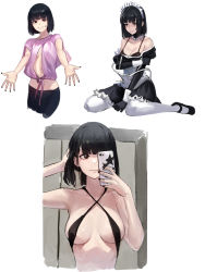 Rule 34 | 1girl, absurdres, apron, bare arms, bikini, black bikini, black bra, black dress, black eyes, black footwear, black hair, black nails, black pants, blunt bangs, bra, breasts, cellphone, cleavage, clenched teeth, collarbone, commentary, detached collar, dress, facial mark, front slit, highres, holding, holding phone, looking at viewer, mac star, maid, maid apron, maid headdress, medium breasts, multiple views, nail polish, off shoulder, original, outstretched arms, pants, pantyhose, parted lips, phone, pink shirt, revealing clothes, selfie, shirt, short hair, simple background, sleeveless, sleeveless shirt, slingshot swimsuit, smartphone, smile, star (symbol), star facial mark, swimsuit, taking picture, teeth, underwear, white apron, white background, white pantyhose